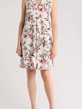 connected apparel White Floral V-Neck Sleeveless Dress with Pink & Green Print